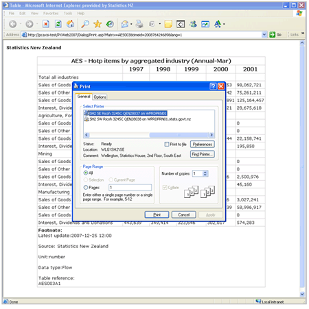 Figure 5.2.10 - Print table view and dialog box. 
